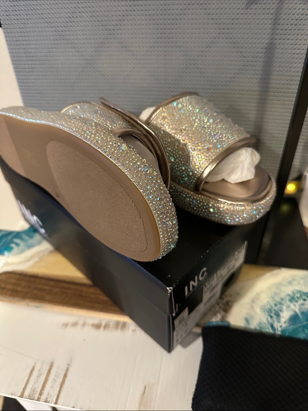 INC International Concepts Glitter Platform Slide Sandals in Champagne Sparkle